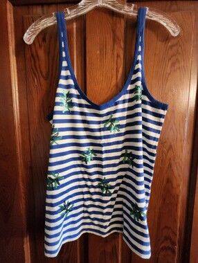 J crew Nautical Stripe Tank Top With Sequined Tropical Design
